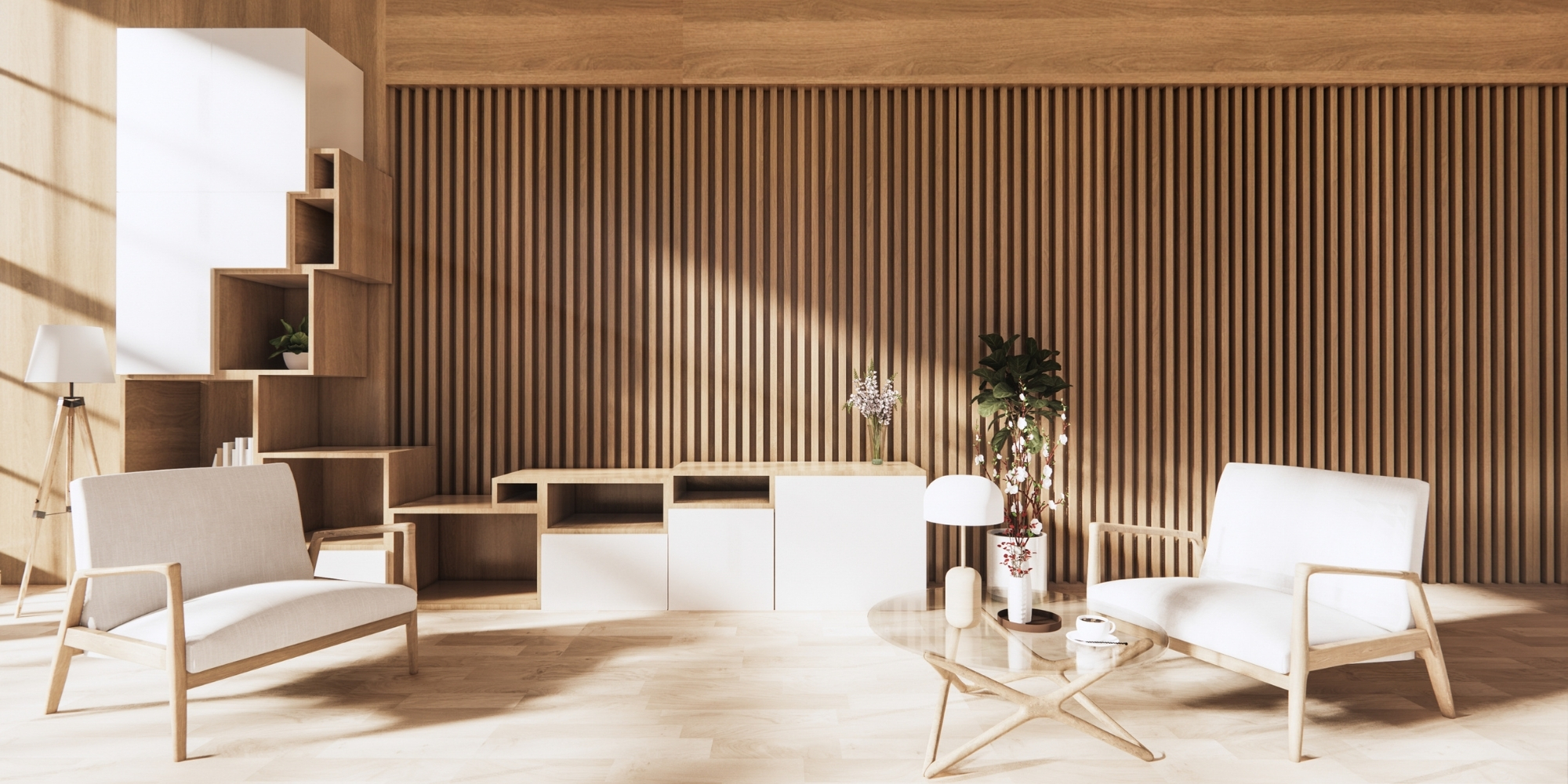 Minimalist interior design featuring a warm wooden slatted accent wall, modern white furniture, natural wood shelving, and soft natural light, creating a serene and elegant living space.